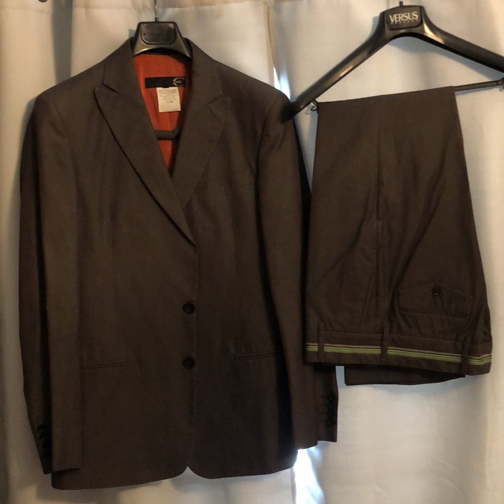 Just Cavalli 40L Men’s 2-piece brown suit with blue and light brown pin stripes!